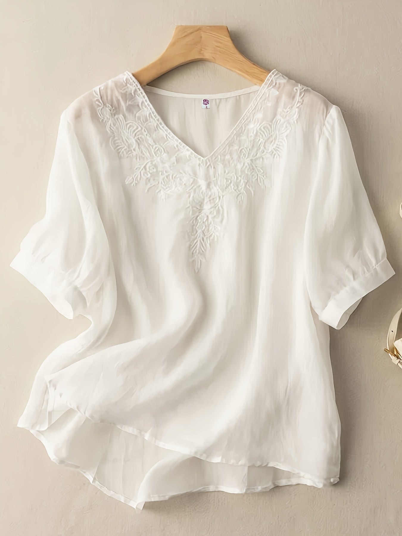 Embroidered V-Neck Relaxed Fit Tunic Blouse