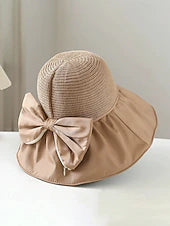 Foldable Wide Brim Sun Hat with Textured Crown and Elegant Bow Accent