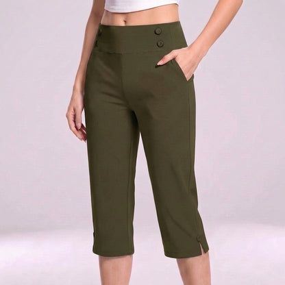 High-Waisted Tapered Capri Pants with Button Detail and Side Pockets