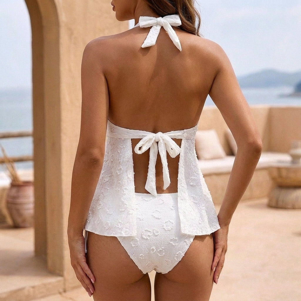 Textured Two-Piece Tankini with Ruffled Peplum and Halter Neckline