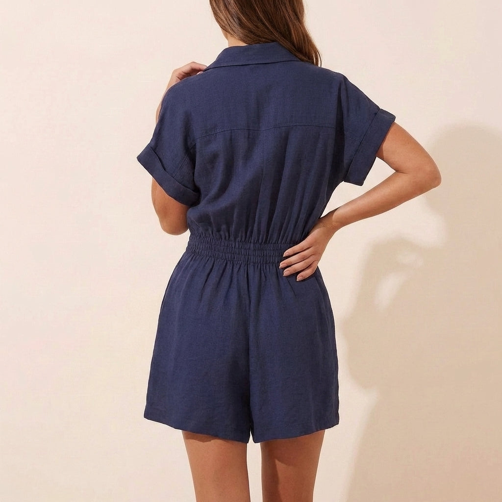 Relaxed Wide-Leg Utility Romper with Collared V-Neck and Pockets