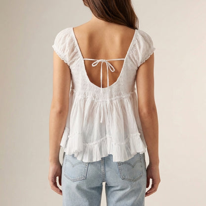 Elegant Peplum Blouse with Embroidered Eyelet and Ruffled Sleeves