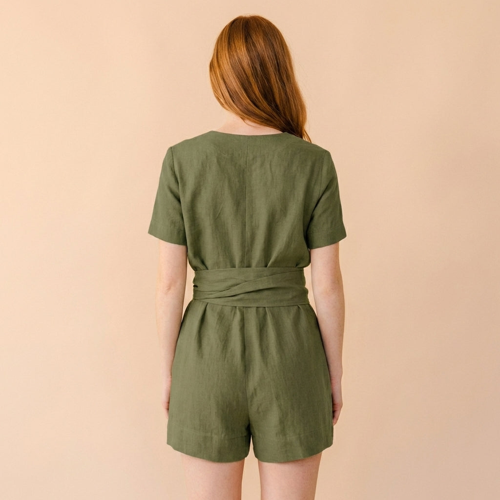 Relaxed Short-Sleeve Belted Romper with Textured Woven Fabric and Pockets
