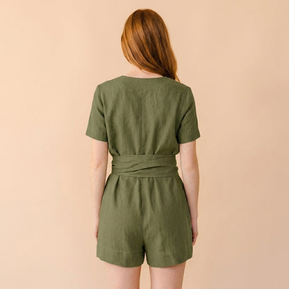 Relaxed Short-Sleeve Belted Romper with Textured Woven Fabric and Pockets
