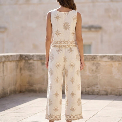 Relaxed Sleeveless Top and Wide-Leg Trousers Two-Piece Set with Medallion Motif