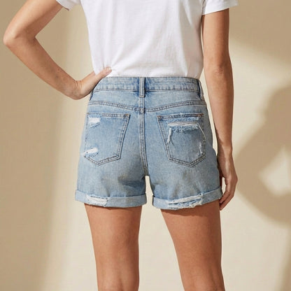 Camille Structured Distressed Denim Shorts with Raw-Edge Cuffed Hem