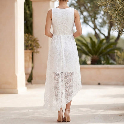 Flowing Sleeveless Lace Maxi Dress with Asymmetrical Hem and Deep V-Neck