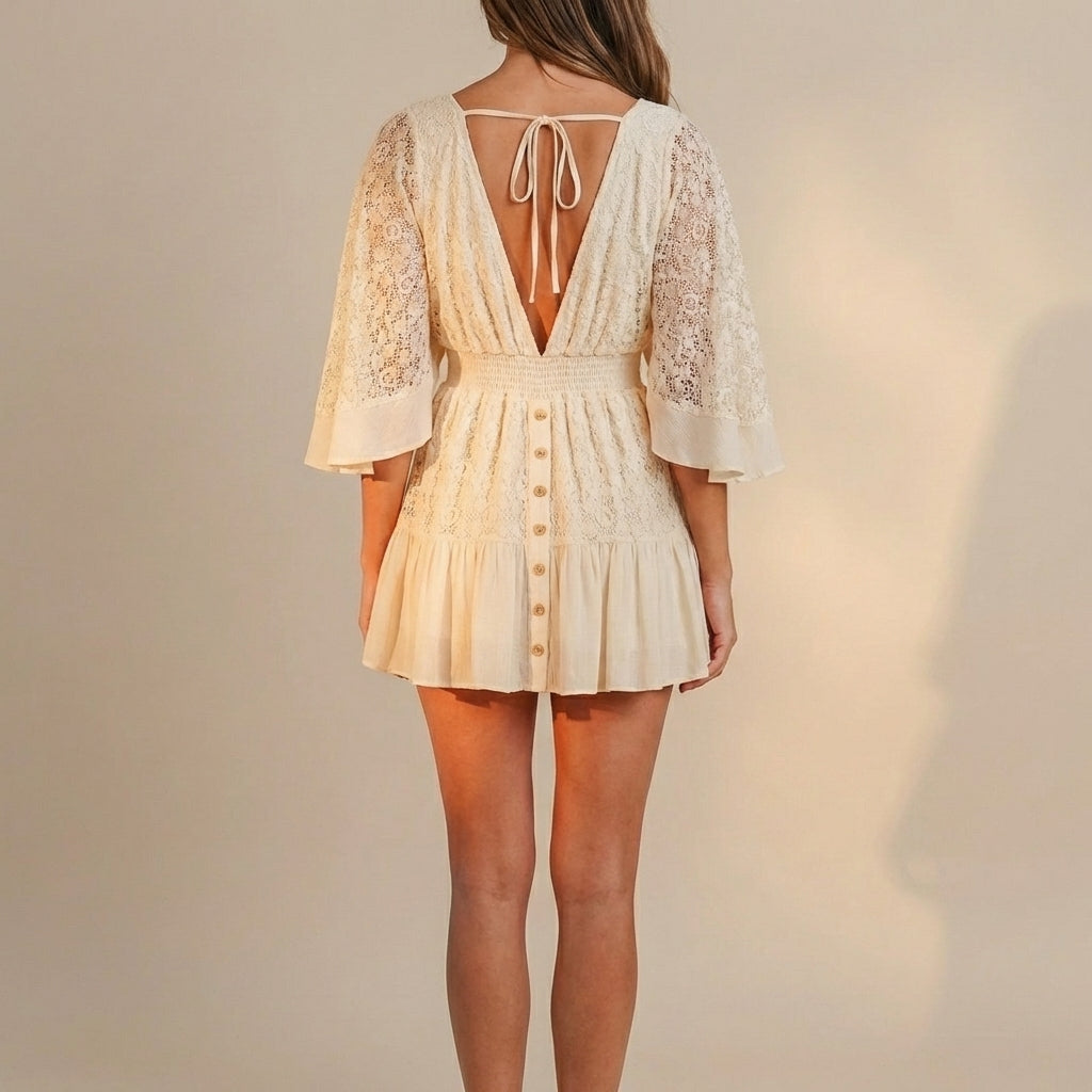 Flowing Lace Mini Dress with Smocked Waist and Butterfly Sleeves