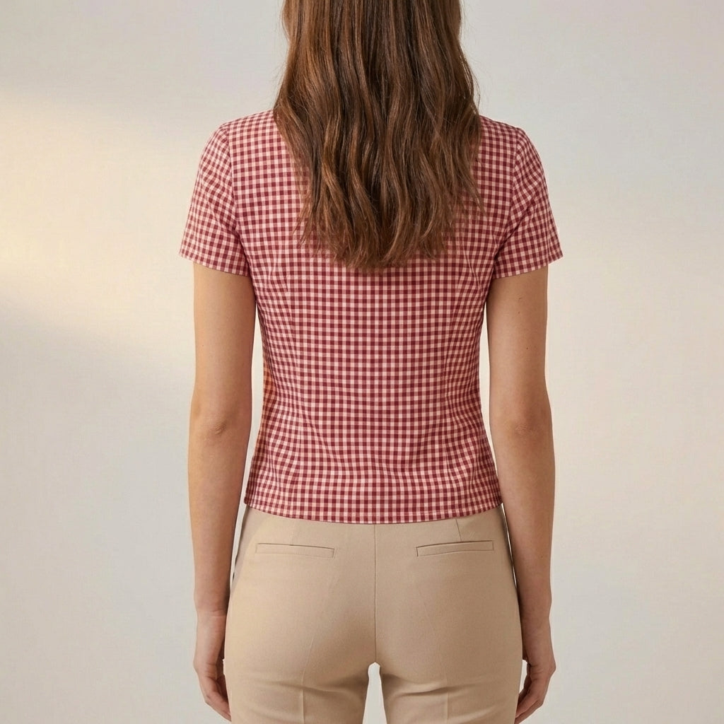 Fitted Cropped V-Neck Blouse with Puff Sleeves and Gingham Pattern