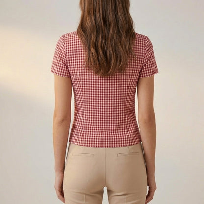 Fitted Cropped V-Neck Blouse with Puff Sleeves and Gingham Pattern