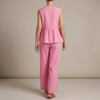 Lightweight Textured Two-Piece Set with Peplum Top and Wide-Leg Pants