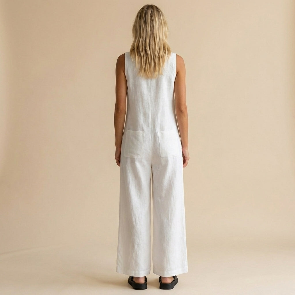 Sleeveless Wide-Leg Jumpsuit with Button Front and Pockets