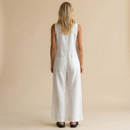 Sleeveless Wide-Leg Jumpsuit with Button Front and Pockets