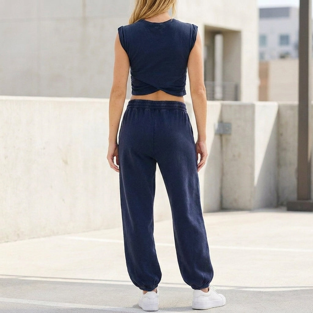 Contemporary Two-Piece Wrap-Front Cropped Top and Relaxed Joggers Set