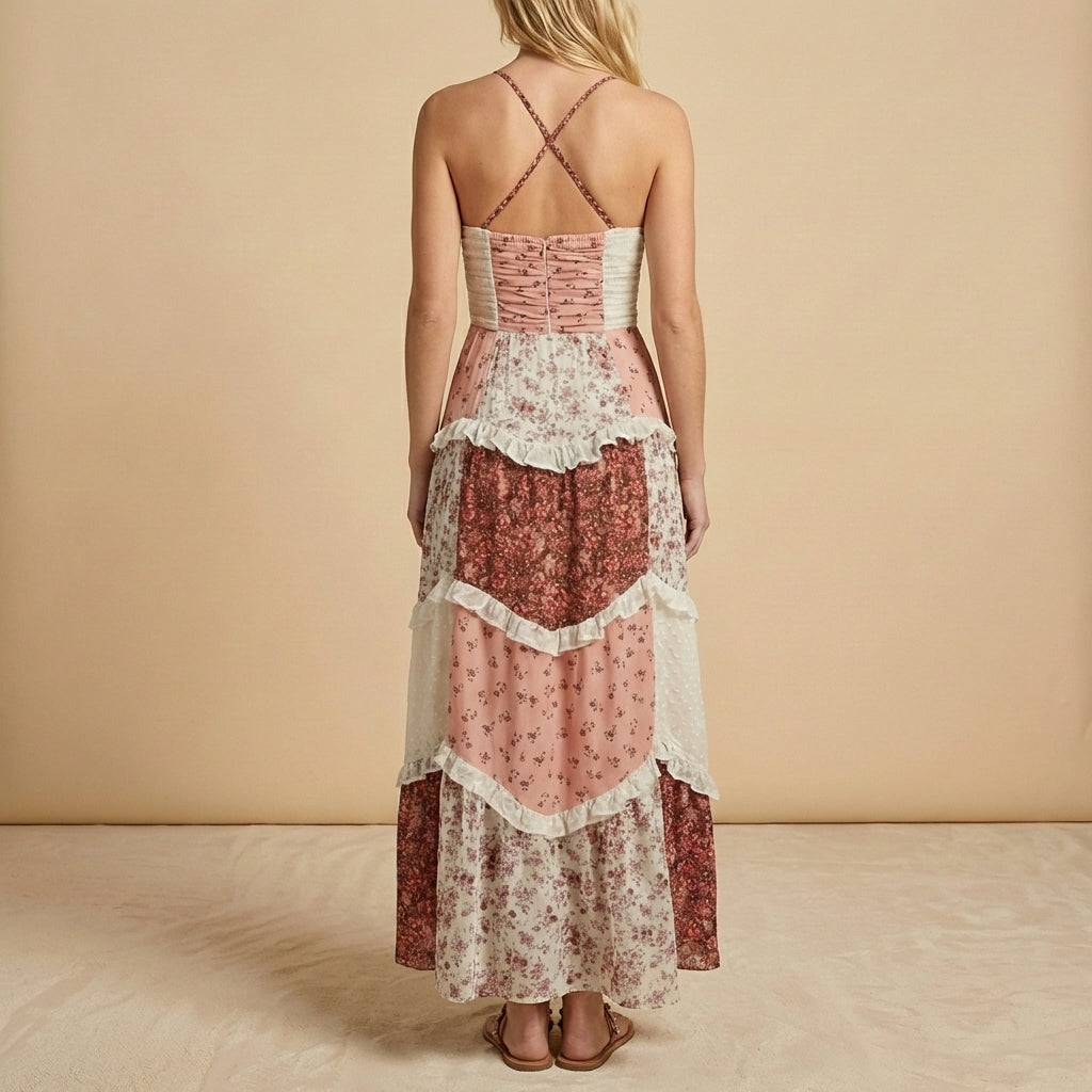 Bohemian Patchwork Tiered Maxi Dress with Ruched Empire Waist