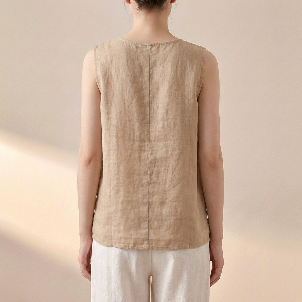 Relaxed Geometric Embroidered Sleeveless Vest with Layered Hem