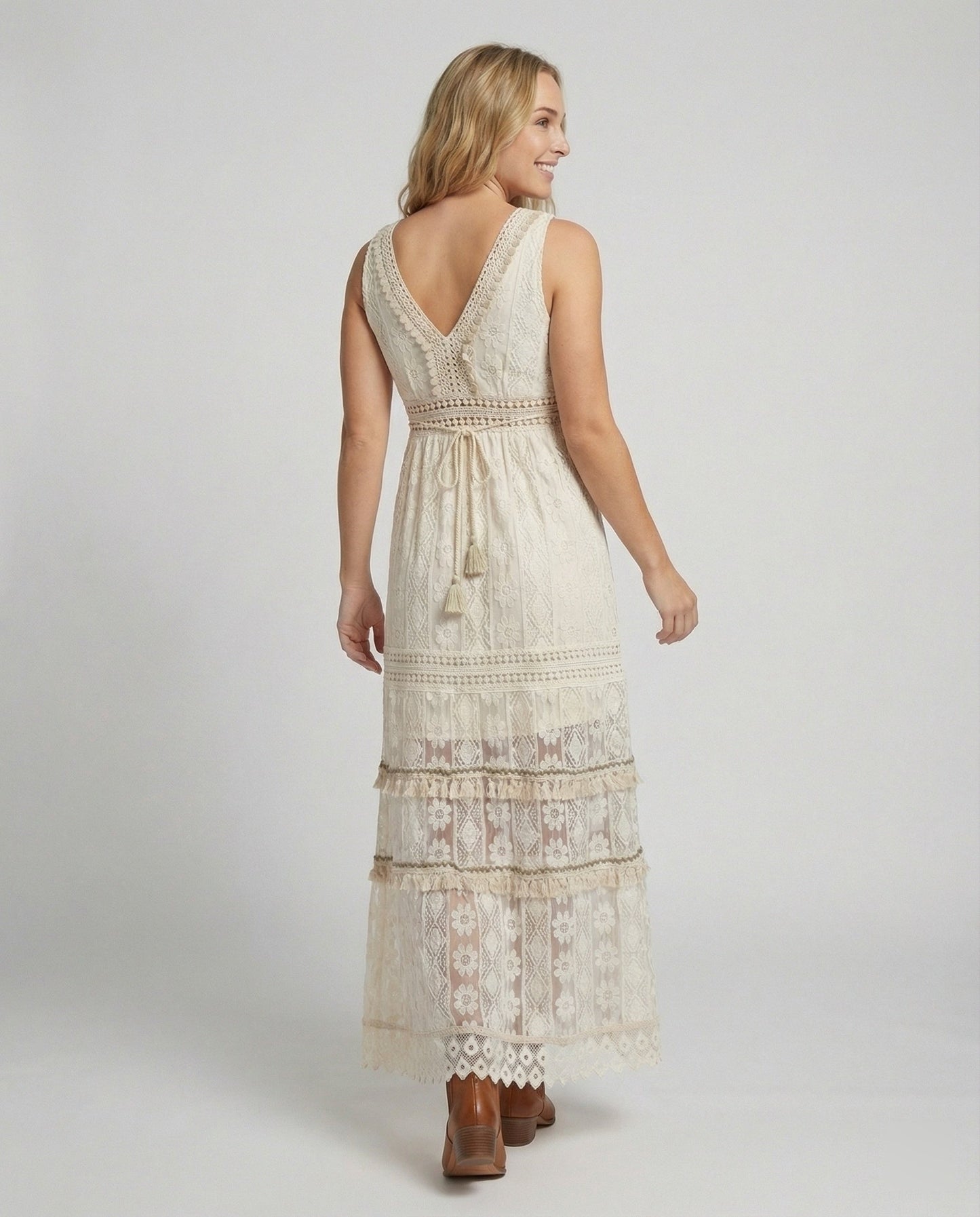 Bohemian Lace Maxi Dress with Tiered Skirt and Tassel Waist