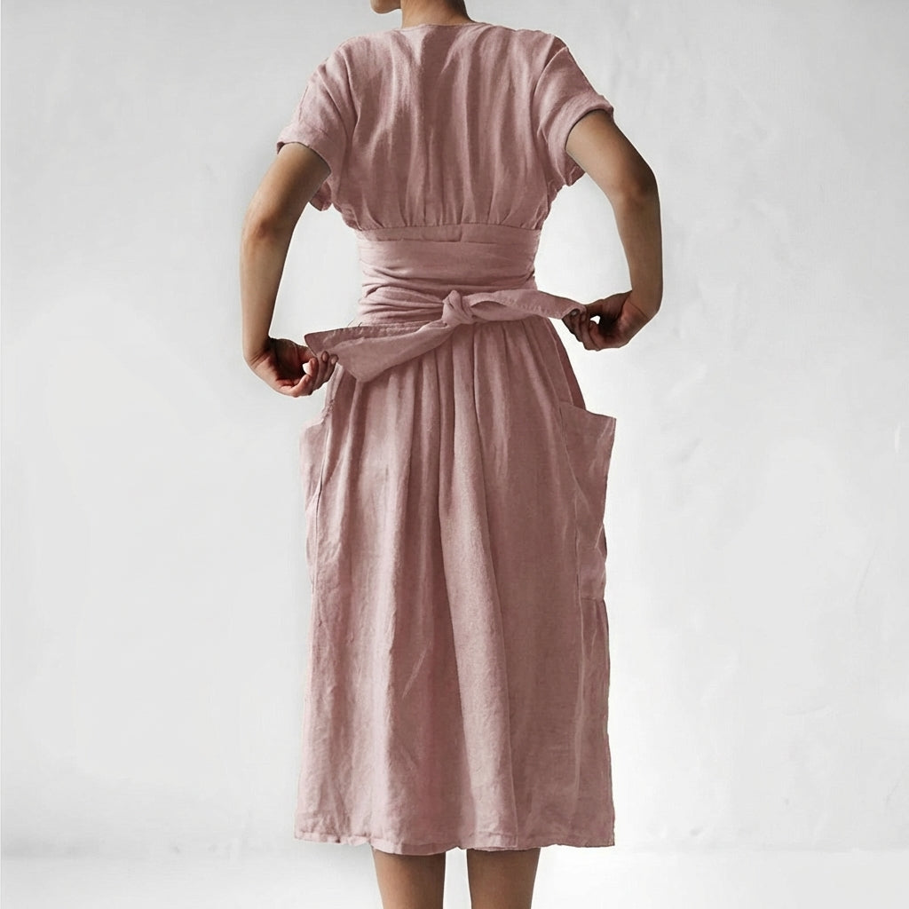 Relaxed Fit Linen Blend Wrap Midi Dress with Pockets