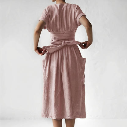Relaxed Fit Linen Blend Wrap Midi Dress with Pockets