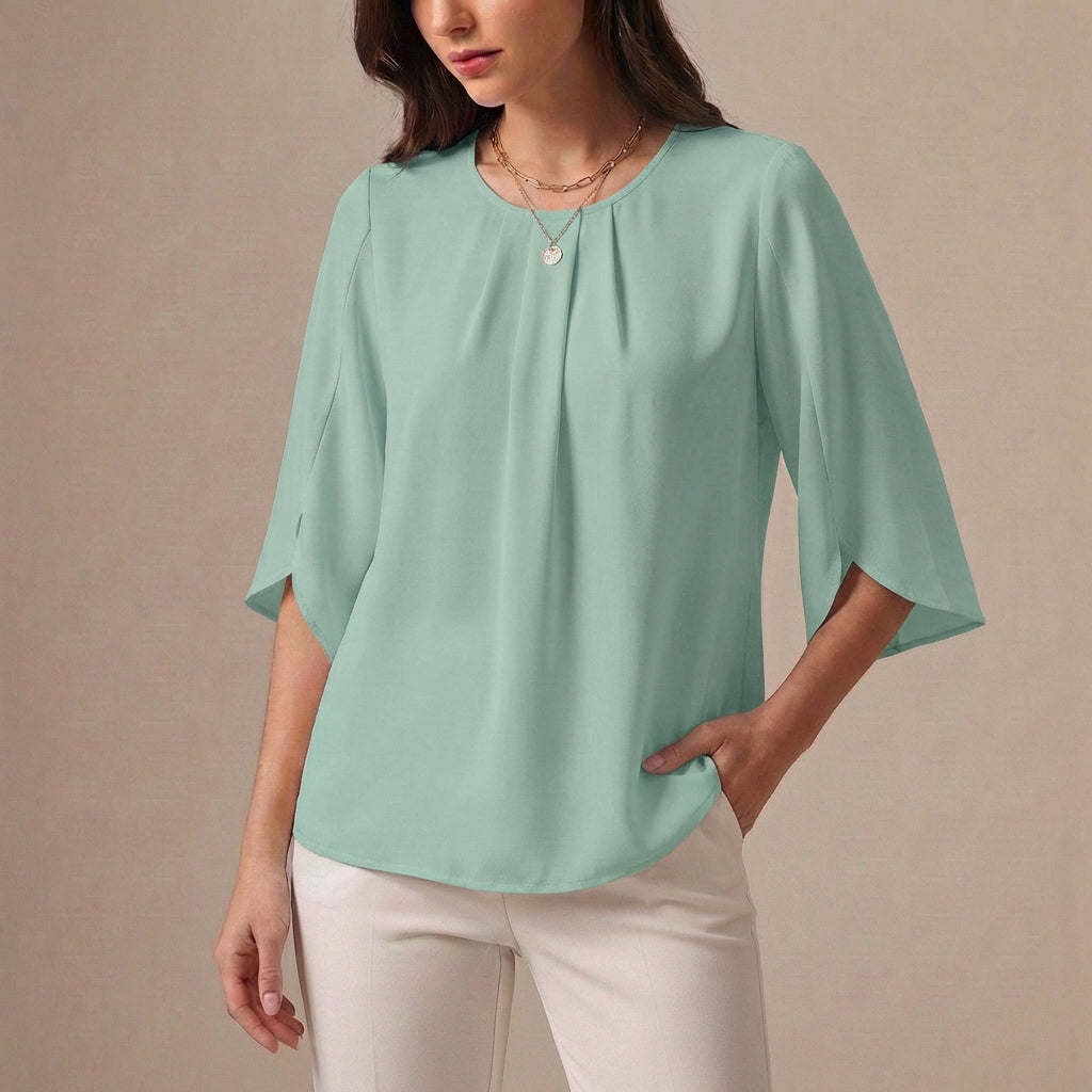 Elegant Loose Blouse with Pleated Neckline and Draped Sleeves