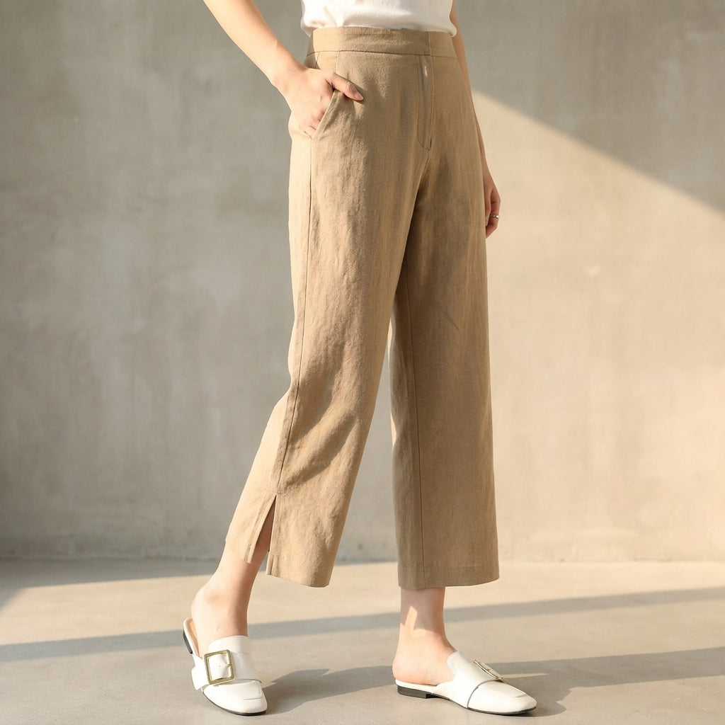 High-Waisted Wide-Leg Cropped Pants with Side-Slit Hem and Pockets