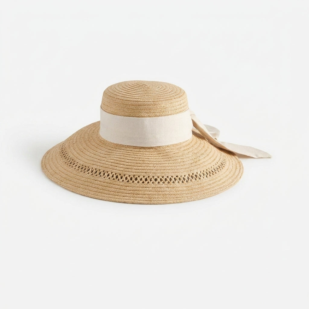 Structured Wide Brim Sun Hat with Open-Weave Mesh and Ribbon Band