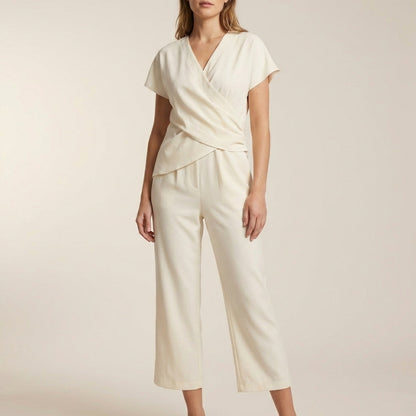 Amelia Draped Wrap V-Neck Cropped Wide-Leg Relaxed Jumpsuit
