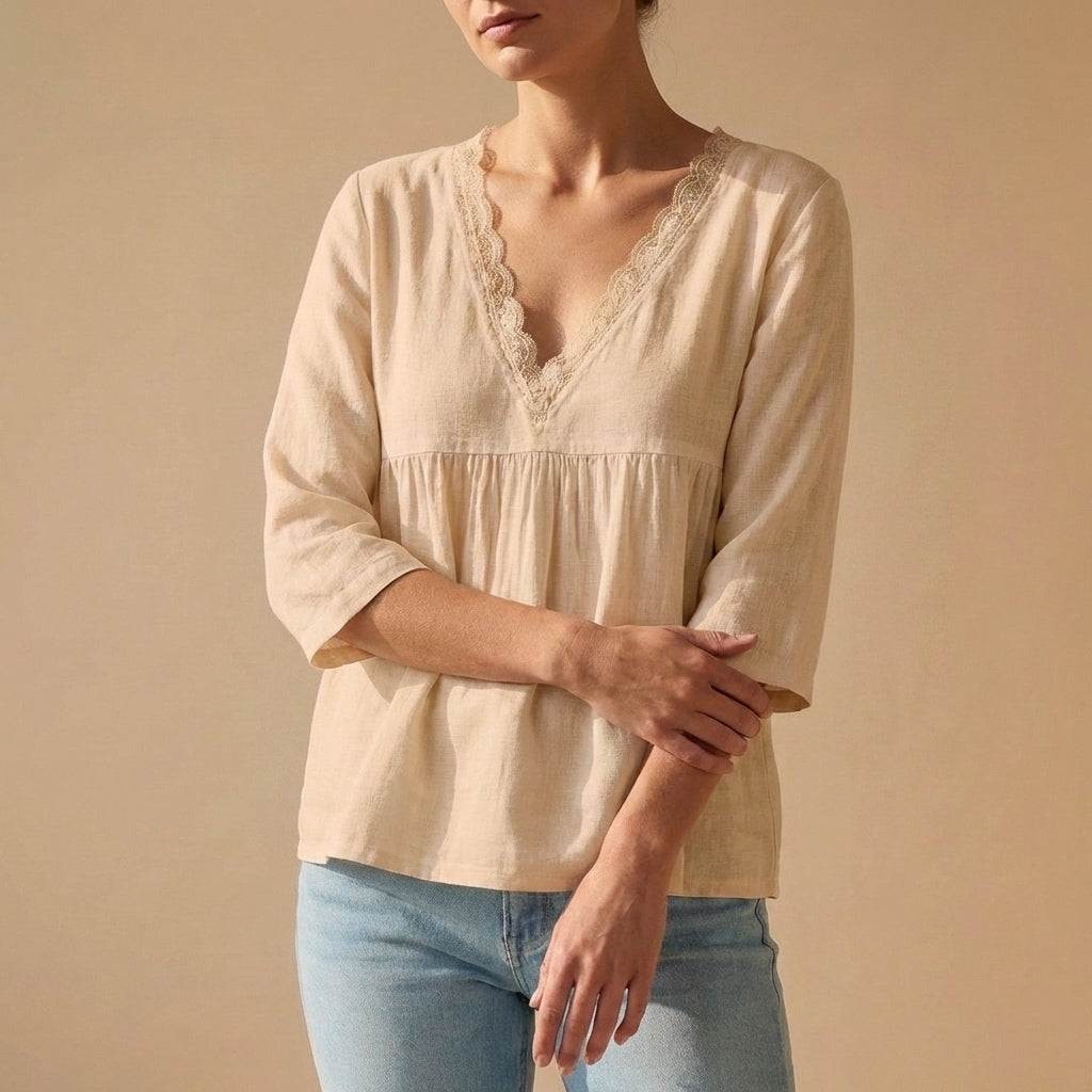 Lace-Trim V-Neck Pullover Top with Empire Waist and Flared Hem