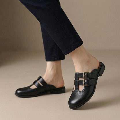 Slip-On Mule Heels with Brogue Detailing and Double Buckle Straps