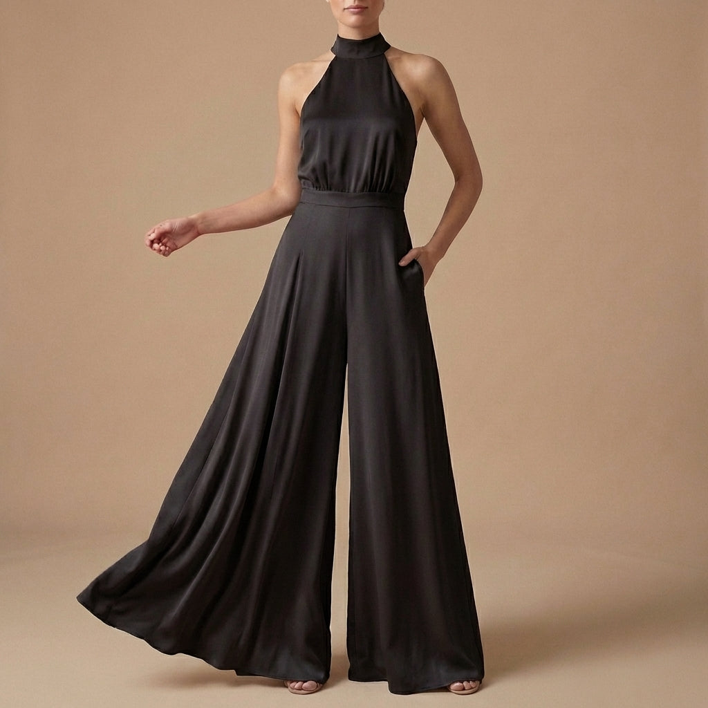 Halter Neck Wide-Leg Jumpsuit with Tie-Back Detail