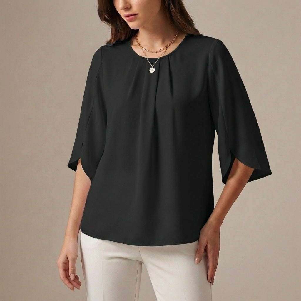 Elegant Loose Blouse with Pleated Neckline and Draped Sleeves