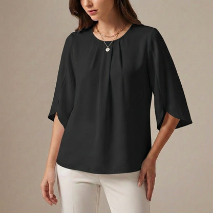 Elegant Loose Blouse with Pleated Neckline and Draped Sleeves
