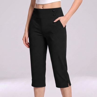 High-Waisted Tapered Capri Pants with Button Detail and Side Pockets
