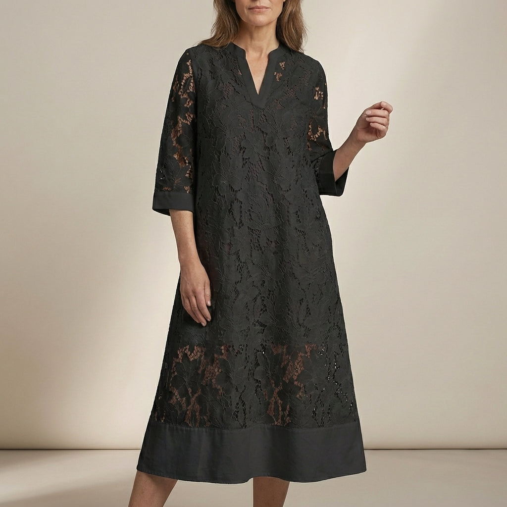 Alice A-Line Lace Midi Dress with Notched V-Neck and Sheer Accents