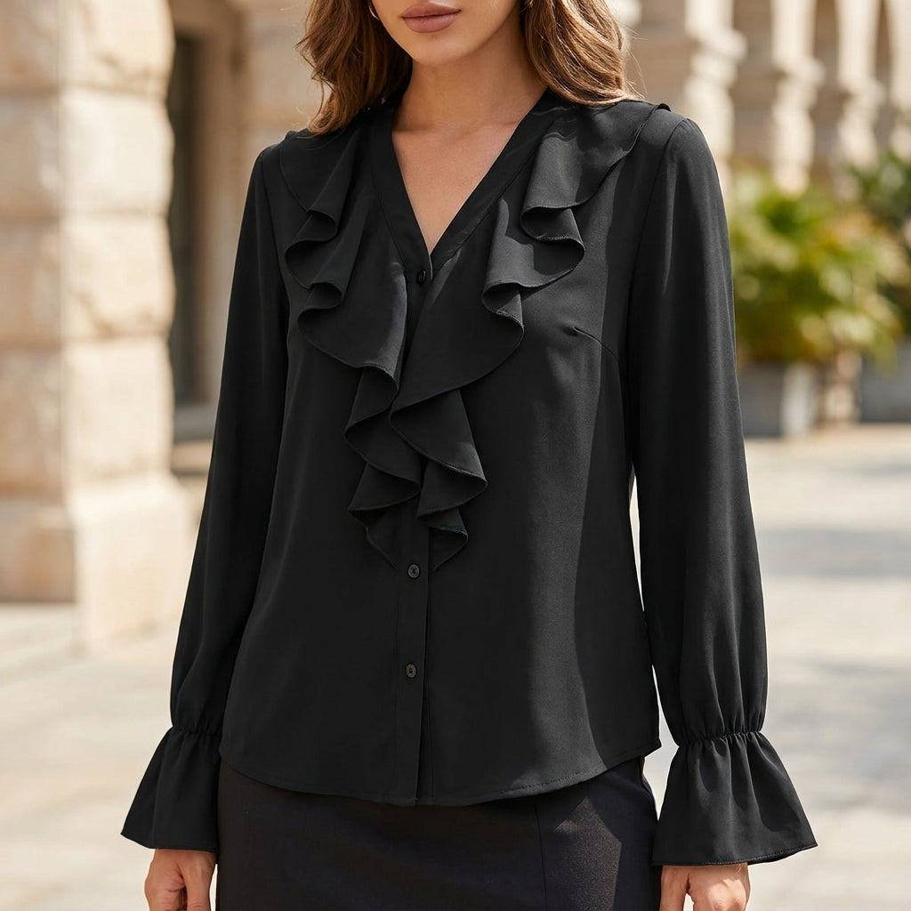 Elegant Ruffled Button-Down Blouse with Jabot Collar and Flared Cuffs