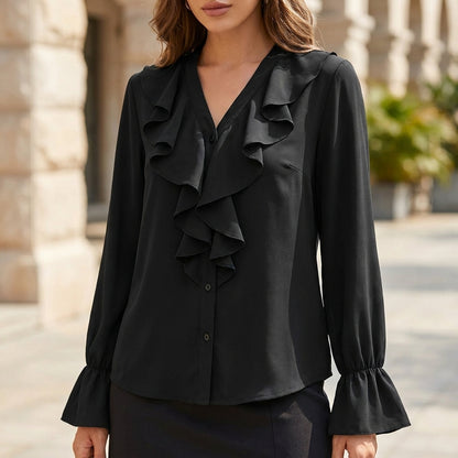 Elegant Ruffled Button-Down Blouse with Jabot Collar and Flared Cuffs