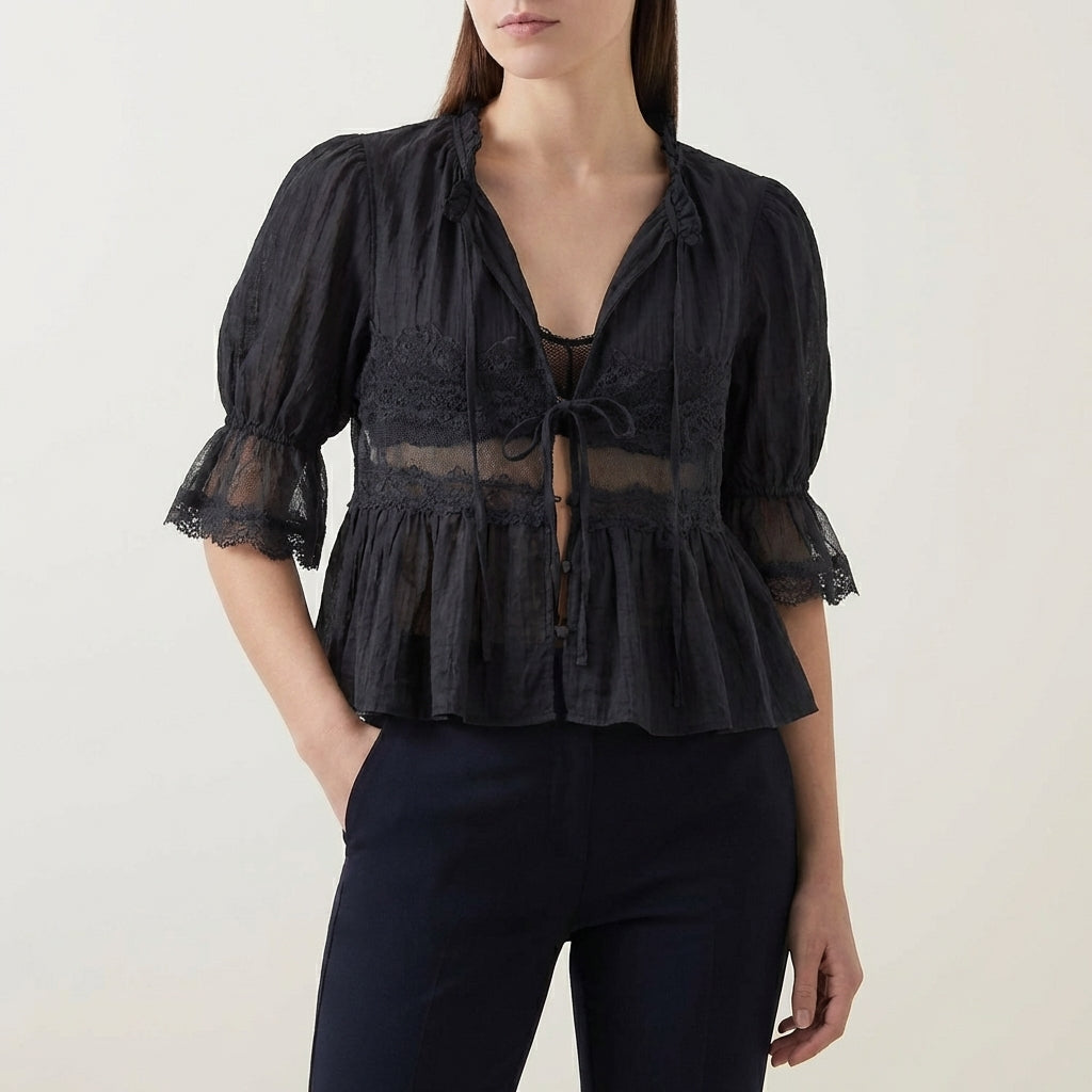 Flowing Bohemian Babydoll Blouse with Lace Insets and Ruffle Trim