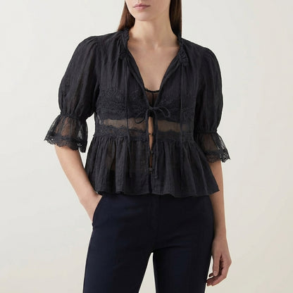 Flowing Bohemian Babydoll Blouse with Lace Insets and Ruffle Trim