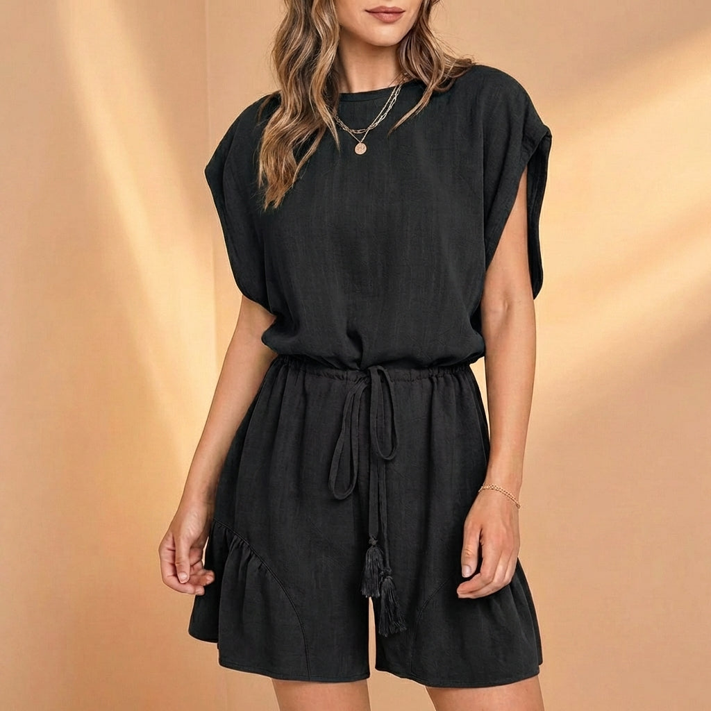 Relaxed Woven Short-Sleeve Romper with Drawstring Tassel Waist