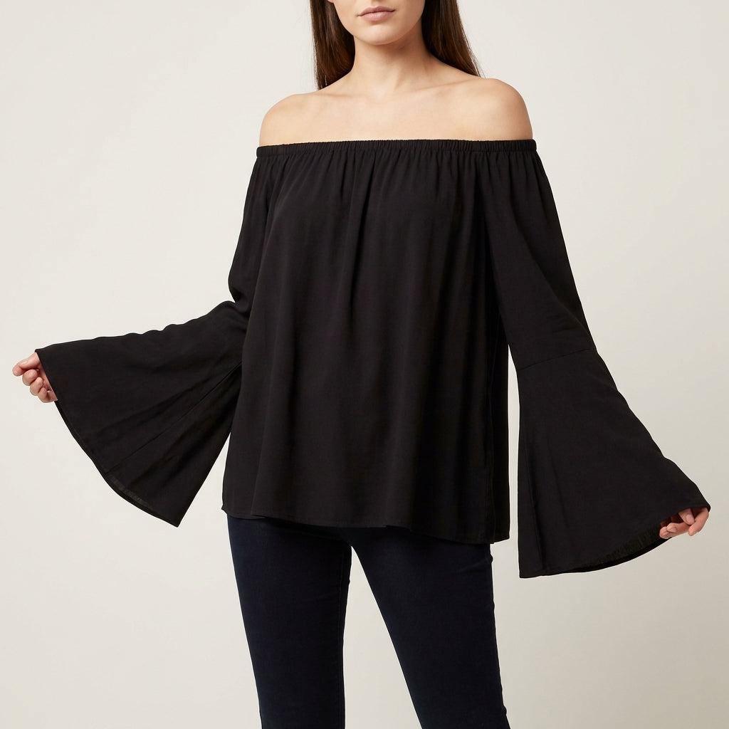 Bohemian Off-the-Shoulder Blouse with Tiered Bell Sleeves