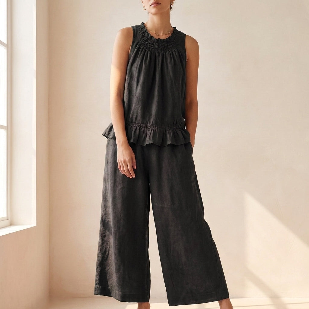 Bohemian-Inspired Relaxed Two-Piece Set with Ruffled Neckline and Wide-Leg Trousers