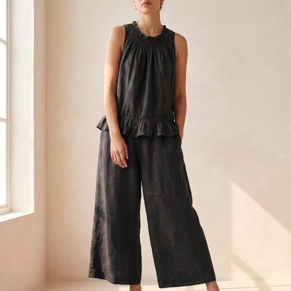 Bohemian-Inspired Relaxed Two-Piece Set with Ruffled Neckline and Wide-Leg Trousers