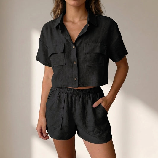 Relaxed Collared Two-Piece Shorts Set in Lightweight Textured Woven Fabric