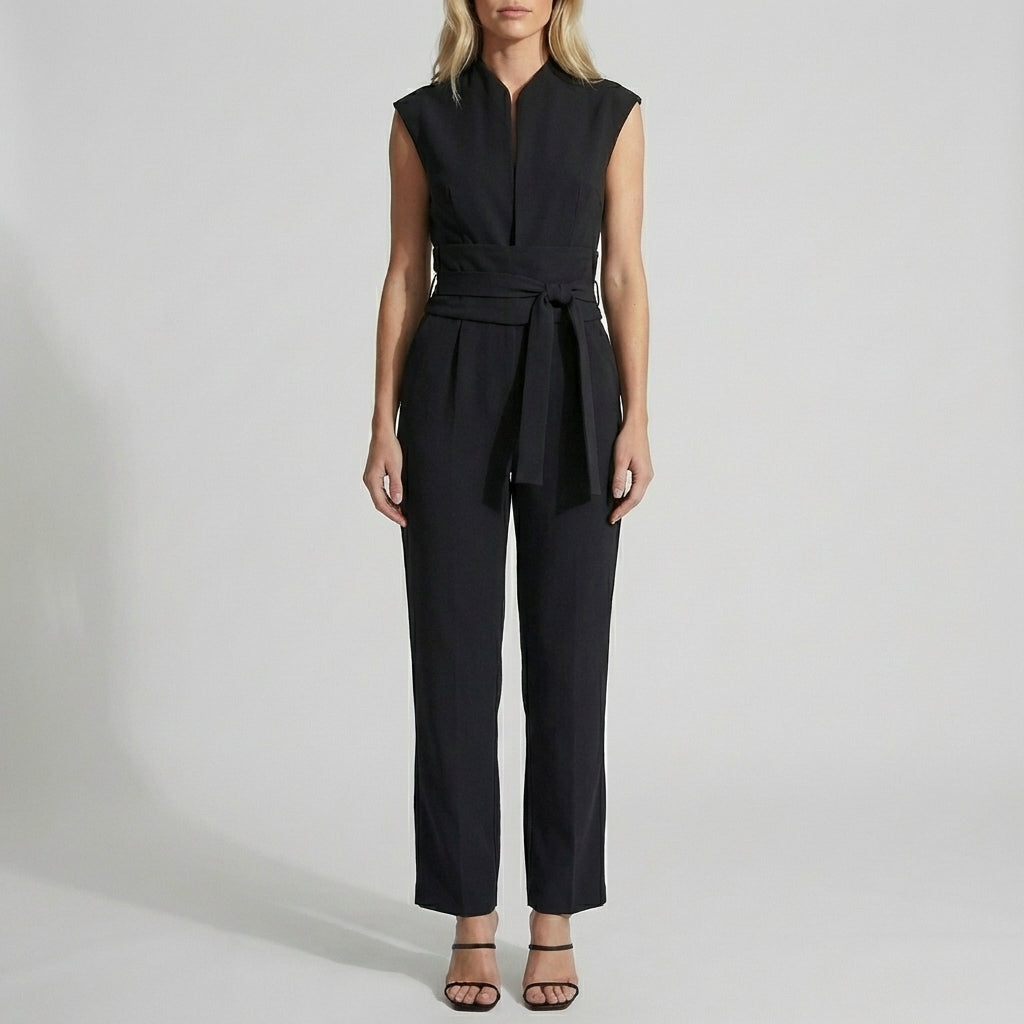 Tailored Wide-Leg Ankle-Length Jumpsuit with Mock Neck and Belt