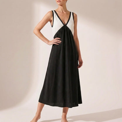 Elevated Color-Blocked Maxi Dress with Deep V-Neck and Draped Silhouette