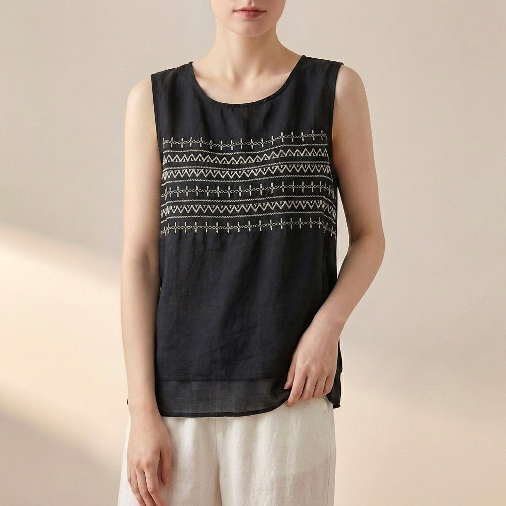 Relaxed Geometric Embroidered Sleeveless Vest with Layered Hem