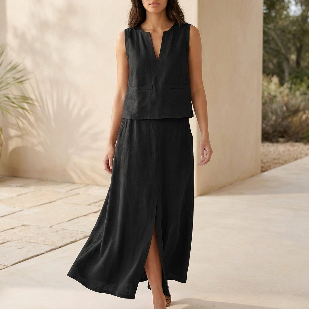 Relaxed Sleeveless Notched V-Neck Top with Flowing Maxi Skirt Set