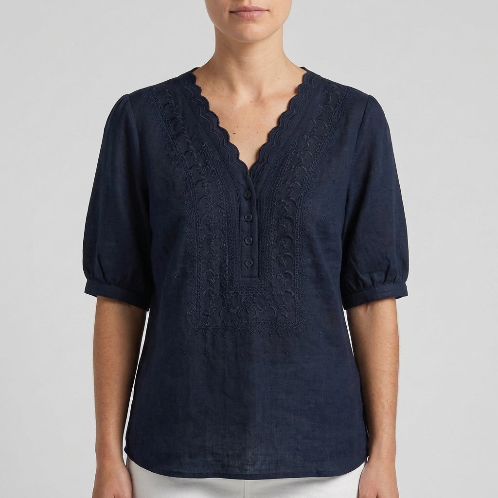 Chloe Relaxed V-Neck Blouse with Embroidered Yoke and Scalloped Detail