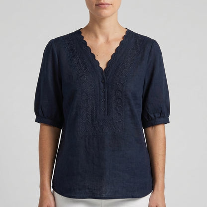 Chloe Relaxed V-Neck Blouse with Embroidered Yoke and Scalloped Detail