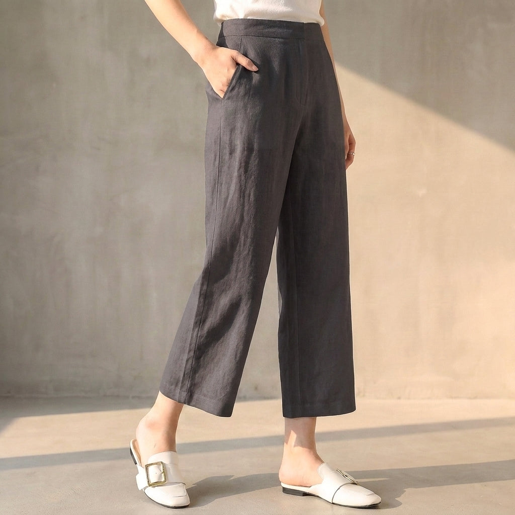 High-Waisted Wide-Leg Cropped Pants with Side-Slit Hem and Pockets